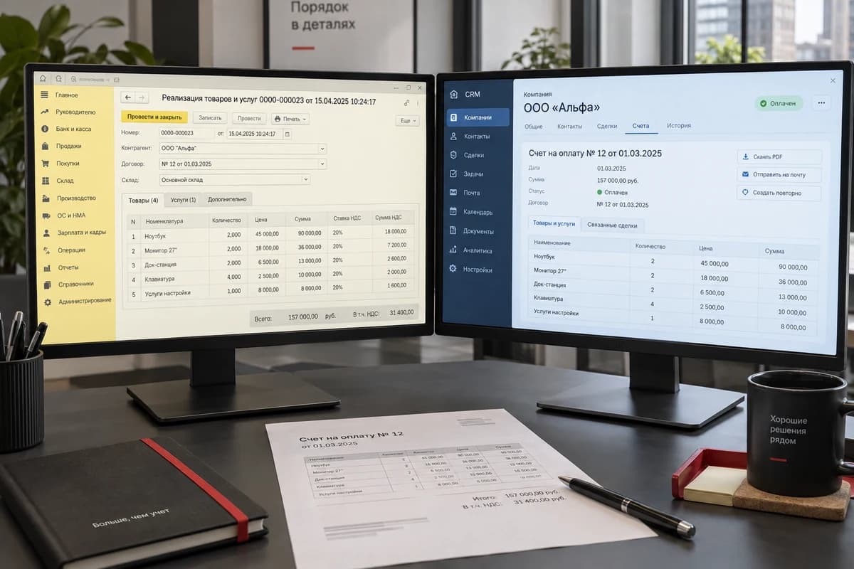 Иллюстрация: счета и оплаты в учётной системе и CRM